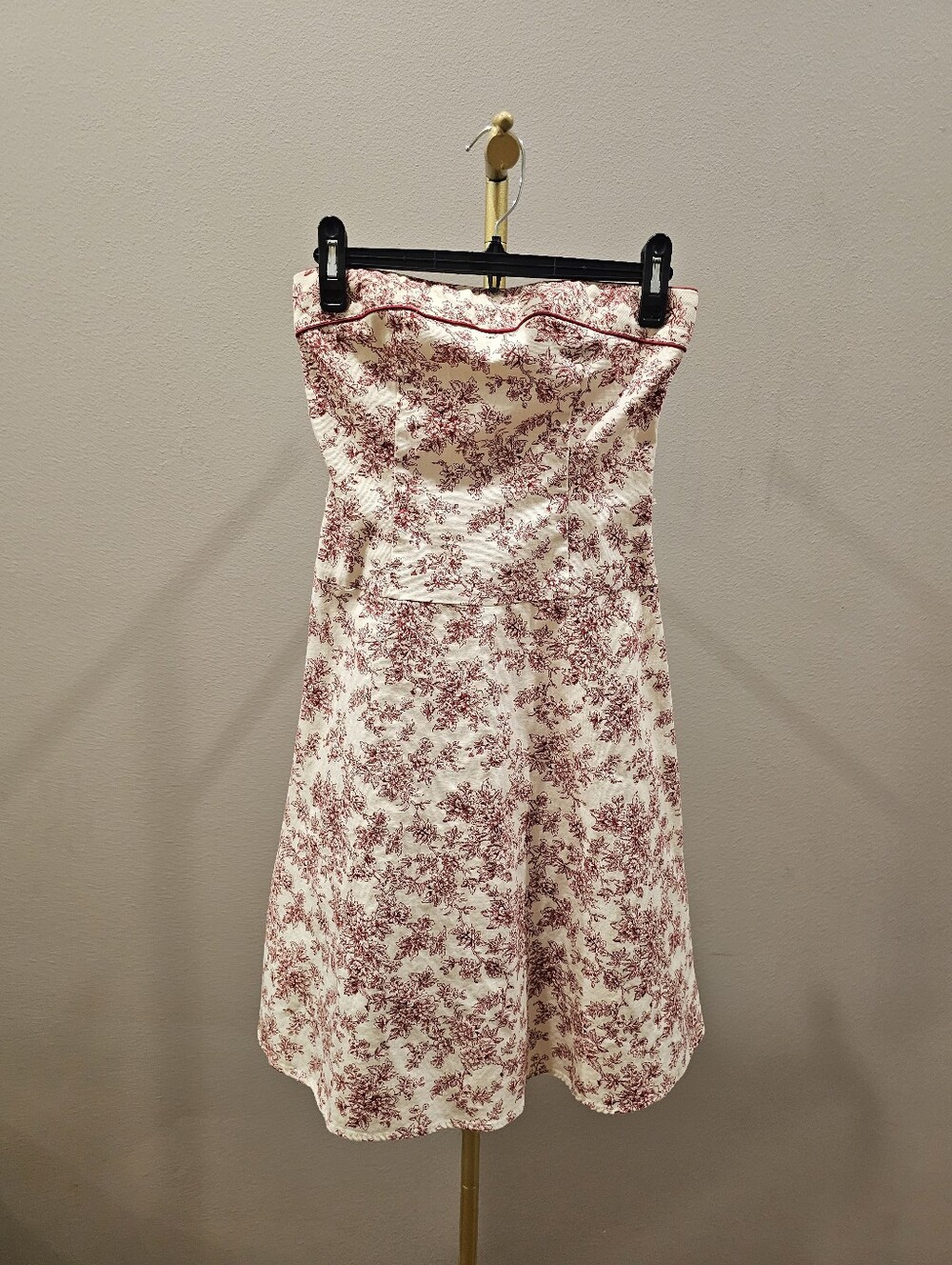 Vintage Strapless Cream Dress with Red Floral Print